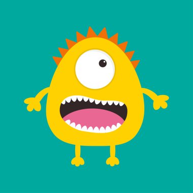 Yellow monster with one eye, teeth, tongue.  