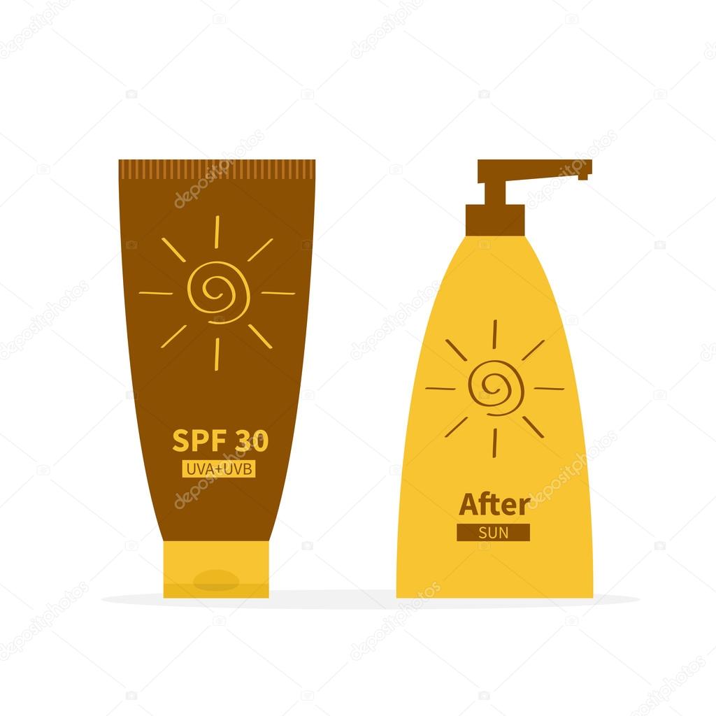 Tube of suntan cream. After sun lotion. Bottle set dispenser. 