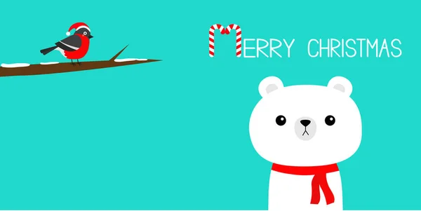 メリークリスマス 飴杖だ 赤いスカーフの白いホッキョクグマ 木のブランチのブルフィンチ鳥 かわいいアニメカワイイ赤ちゃんキャラクター 北極動物 フラットデザイン 青の背景ベクトル — ストックベクタ
