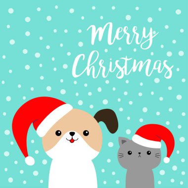 Mutlu noeller. Kırmızı Noel Baba şapkalı şirin kedi suratı. Sevimli çizgi film komik karakteri. Komik kawaii bebek hayvan. Yavru köpek ve kedi yavrusu. Hayvan koleksiyonu. Düz dizayn. Mavi kar tanesi arka planı. Vektör