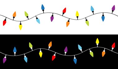 Noel ışıkları. Renkli ip perisi ışık seti. Bayram şenlik Noel süslemesi. Parlayan bir çelenk. Gökkuşağı rengi. Yuvarlak koni şeklinde. Düz dizayn. Siyah beyaz arka plan. İzole Vektör