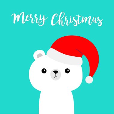 Mutlu noeller. Kırmızı Noel Baba şapkalı kutup ayısı. Tatlı çizgi film kawaii bebek karakteri. - Mutlu yıllar. Kutup hayvanı. Düz dizayn. Merhaba kış. Mavi arka plan. Vektör illüstrasyonu