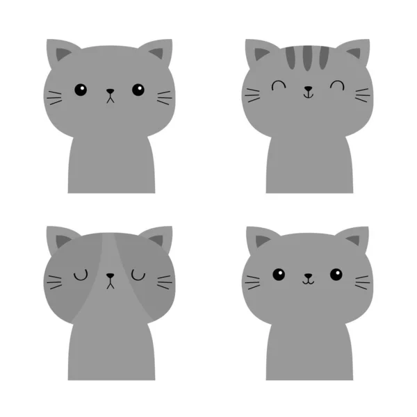 Lindo Juego Gatos Icono Cara Gris Gracioso Kawaii Garabato Animal — Vector de stock