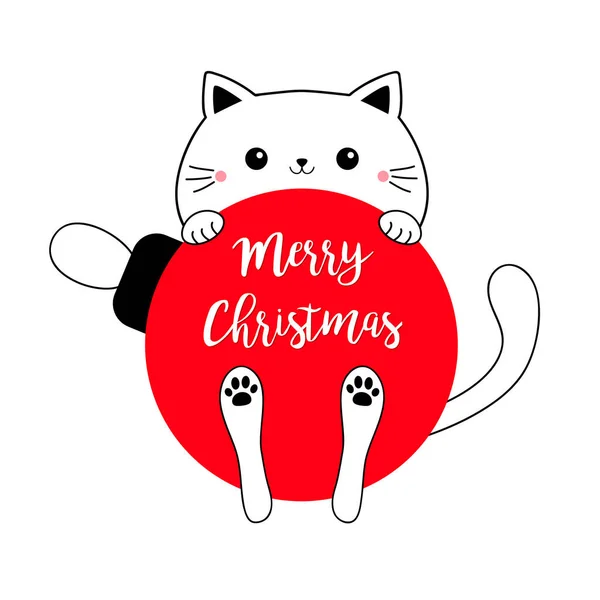 猫抱着大大的红色圣诞快乐球 有趣的卡通人物 有趣的Kawaii涂鸦等高线动物 圣诞卡 宠物狗收集 平面设计 白色背景 矢量说明 — 图库矢量图片