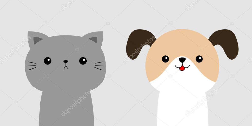 Cute cat dog set. Head face icon. Funny kawaii doodle baby animal. Cartoon funny character. Two friends. Pet collection. Kitten kitty puppy pooch. Flat design. White background. Isolated. Vector