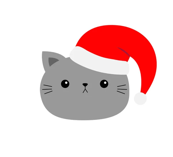 Lindo Icono Gato Cara Santa Sombrero Rojo Feliz Navidad Gracioso — Vector de stock