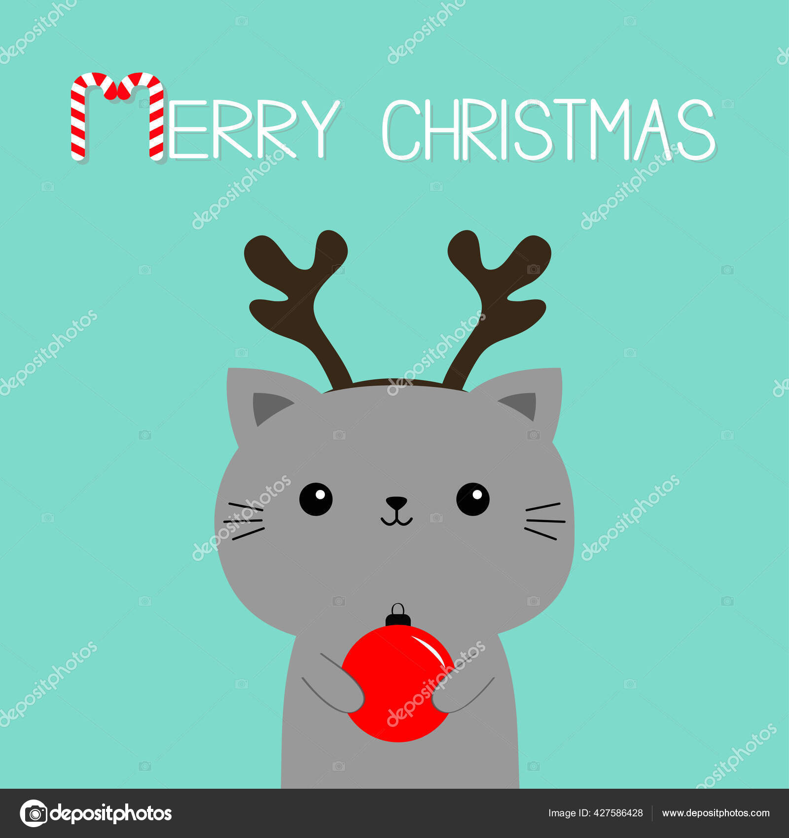 圣诞快乐猫抱着红色的圣诞球卡通Kawaii的角色可爱的人脸图标小猫小猫咪有趣的小宠物动物糖果手杖平面设计蓝色背景, image size:1600x1700