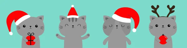 猫セットギフトボックス クリスマスボールを保持 漫画のカワイイキャラクター メリークリスマス かわいい顔のアイコン 赤いサンタの帽子鹿の角 子猫ちゃん 面白い赤ちゃんペット動物 フラットデザイン 青の背景 — ストックベクタ