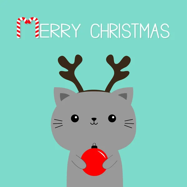 圣诞快乐 猫抱着红色的圣诞球 卡通Kawaii的角色 可爱的人脸图标 小猫小猫咪 有趣的小宠物动物 糖果手杖 平面设计 蓝色背景 矢量说明 — 图库矢量图片