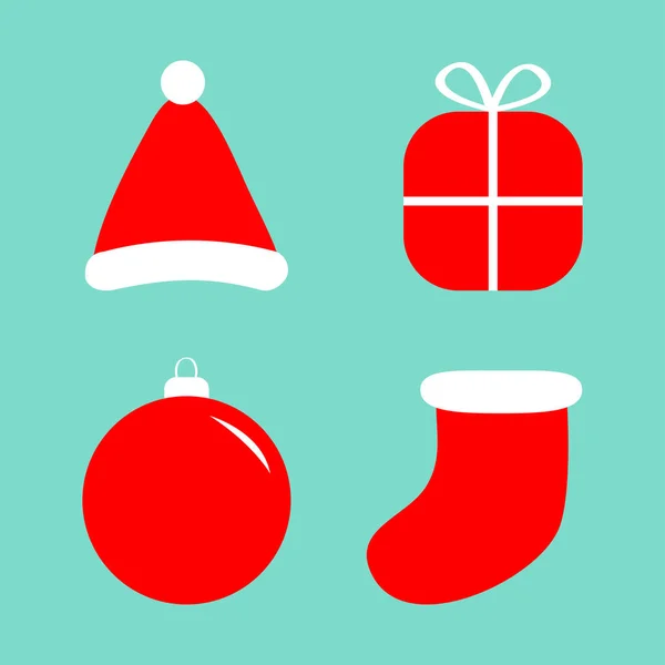 Vrolijk Kerstbal Geschenkdoos Kerstman Hoed Kous Sok Pictogram Set Leuk — Stockvector