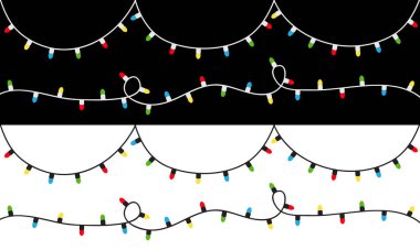 Noel ışığı ayarlandı. Renkli sicim peri ışıkları. Çizgi film bayramı Noel süslemesi. Parlayan bir çelenk. Gökkuşağı rengi. Koni şeklinde. Düz dizayn. Siyah beyaz arka plan. İzole edilmiş. Vektör