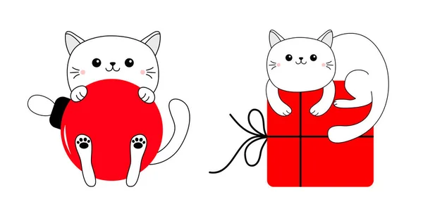 Katzensatz Vorhanden Mit Großer Roter Weihnachtskugel Geschenkbox Nette Comic Figur — Stockvektor