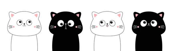 Conjunto Iconos Silueta Contorno Cabeza Gato Blanco Negro Gracioso Kawaii — Archivo Imágenes Vectoriales