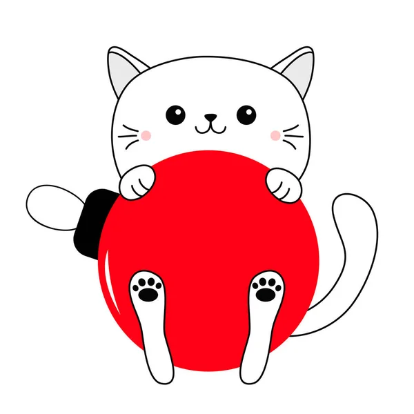 Katze Hält Große Rote Frohe Weihnachtskugel Nette Cartoon Lustige Babyfigur — Stockvektor
