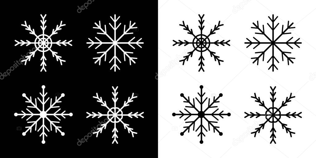 Snowflakes icon set. Four white black snowflake. Merry Christmas. Happy New Year decoration sign symbol. Xmas paper craft. Snow flake. Frozen star shape. Winter background, Isolated Flat design Vector