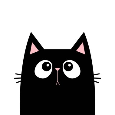 Kedi kafası siyah siluet yukarı bakıyor. Sevimli çizgi film bebek karakteri. Kawaii hayvanı. Not defteri çıkartma şablonu. Hayvan koleksiyonu. Düz tasarım tarzı. Beyaz arkaplan izole edilmiş Vektör illüstrasyonu