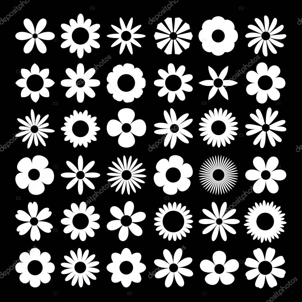 Camomile daisy set. White chamomile silhouette shape icon. Cute round flower plant nature collection. Love symbol. Growing concept. Decoration element. Flat design. Isolated. Black background. Vector