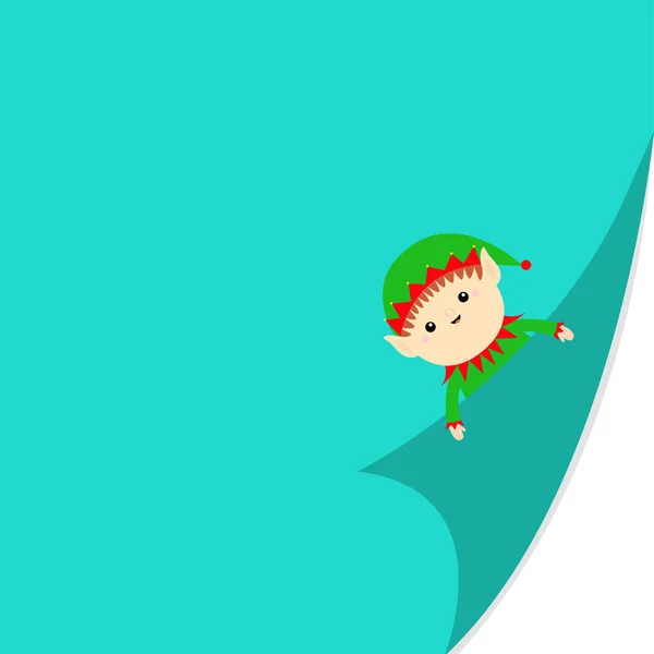メリークリスマス サンタクロースの顔を手を握っている 折り返しページコーナー 緑の帽子 丸めた紙のコーナー かわいい漫画かわいい面白い赤ちゃんのキャラクター Xmasグリーティングカードテンプレート 青の背景ベクトル — ストックベクタ