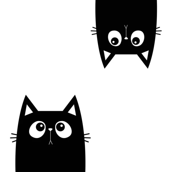 Fekete Macska Készlet Fej Arc Fekete Sziluett Néz Felfelé Kawaii — Stock Vector