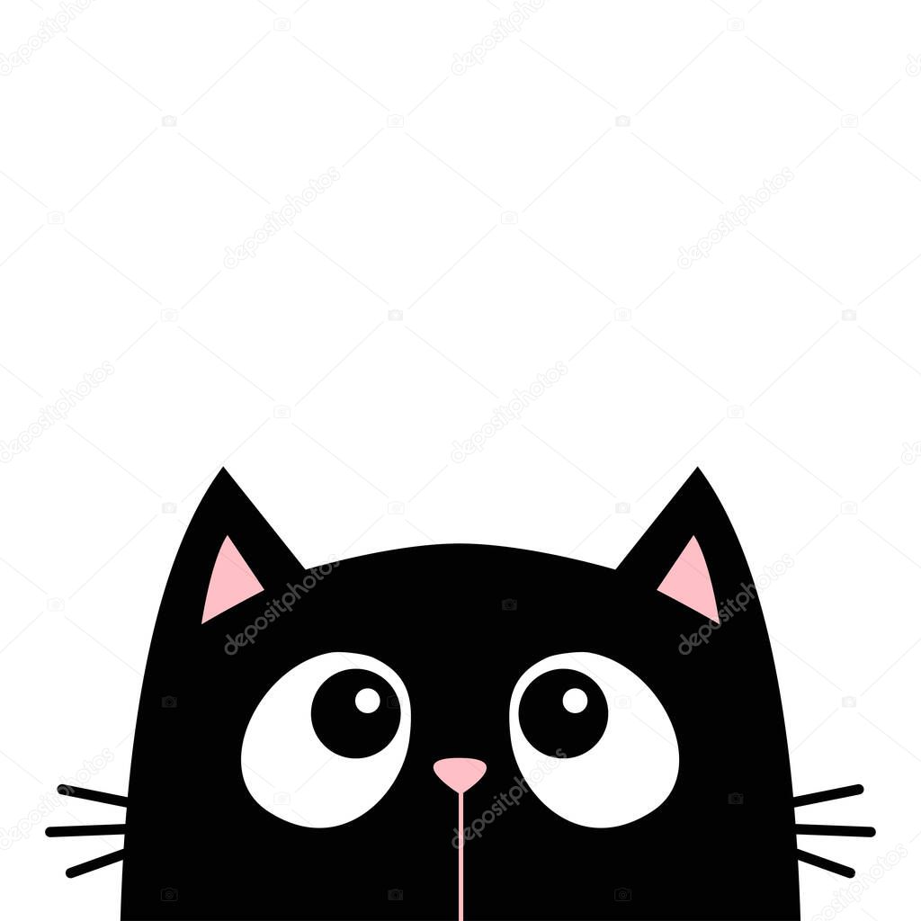 Black cat face head silhouette looking up. Cute cartoon baby character. Kawaii animal. Notebook sticker print template. Pet collection. Flat design style. White background Isolated Vector illustration
