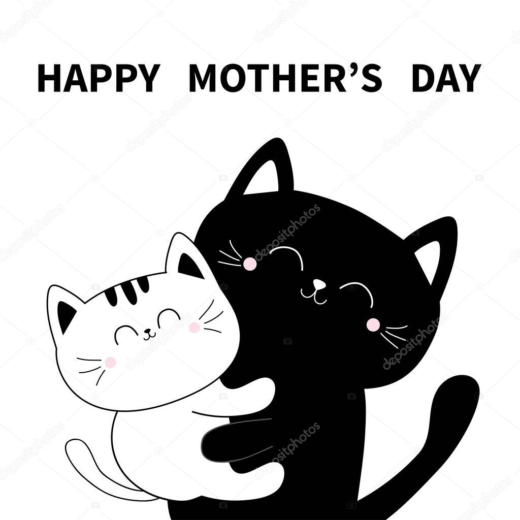 Happy Mothers day. Cat holding kitten. Hugging family. Hug, embrace, cuddle. Cute funny cartoon character. Greeting card. Black White contour kitty. Baby pet background. Flat design. Vector