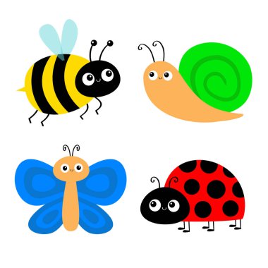 Kelebek, salyangoz, uğur böceği arı uçan yaban arısı ikonu seti. Uğur böceği. Yan görüş. Tatlı çizgi film kawaii komik bebek karakteri. Sevgililer Günün kutlu olsun. Düz dizayn. Beyaz arka plan. Vektör