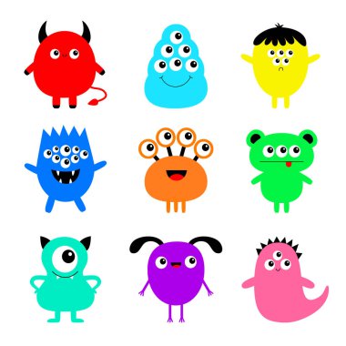 Mutlu Cadılar Bayramı. Canavar seti. Kawaii sevimli çizgi film renkli korkutucu komik karakter ikonu. Gözler, dil, eller, boynuzlar, sivri dişler. Komik koleksiyon. İzole edilmiş. Beyaz arka plan düz tasarım. Vektör