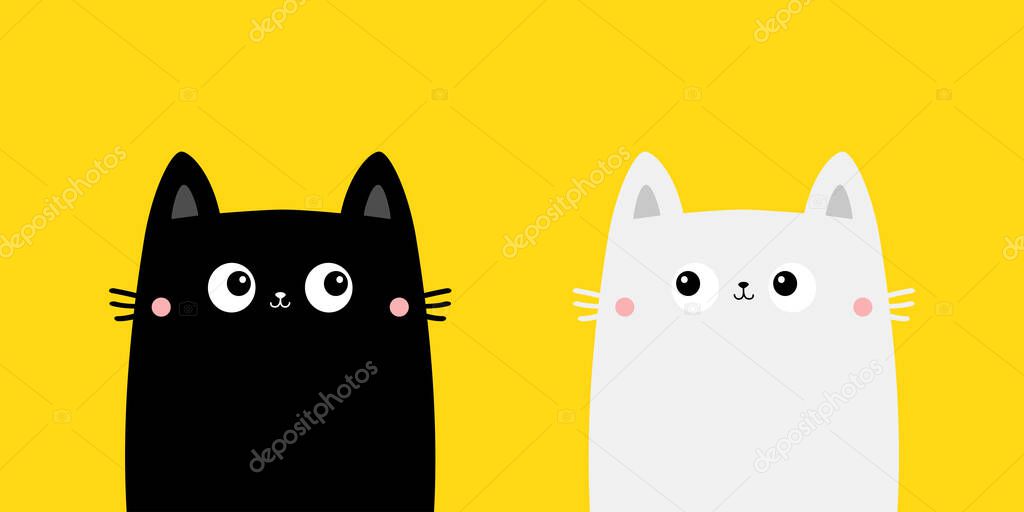 Cat set. Two black and white kitten head face silhouette. Funny Cute kawaii cartoon baby character. Love couple. Notebook sticker print template. Happy Halloween. Flat design. Yellow background Vector