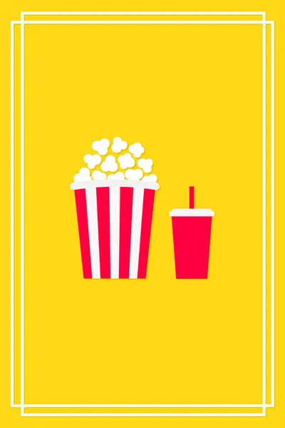 ポップコーンとソーダセット 映画夜の映画アイコン 白い赤いストリップボックス ガラスを飲む ポップコーン食品 かわいいフレームバナー装飾テンプレート フラットデザインスタイル 黄色の背景 隔離されてる ベクトル — ストックベクタ