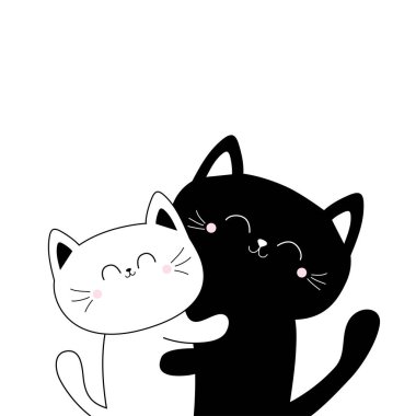 Siyah beyaz hatlı kedi kucaklayan çift aile. Sarıl, sarıl, sarıl. Sevimli komik çizgi film karakteri. Sevgililer günün kutlu olsun. Tebrik kartı. Kedicik. Yavru hayvan arka planı. Düz dizayn. Vektör