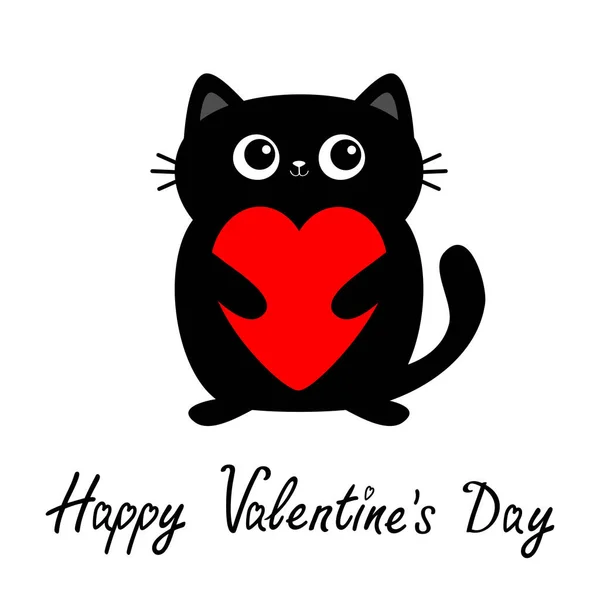 Happy Valentines Day Black Cat Kitten Kitty Holding Big Red — Stock Vector