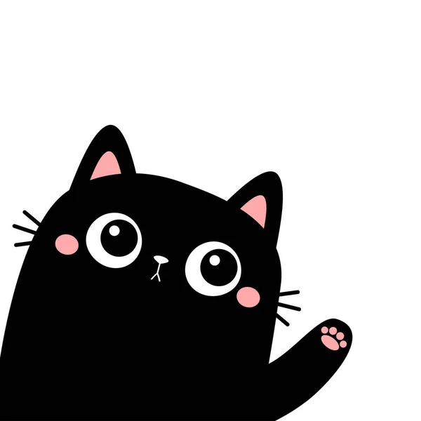 Gato Gracioso Esquina Agitando Mano Huella Pata Rosa Silueta Negra — Vector de stock