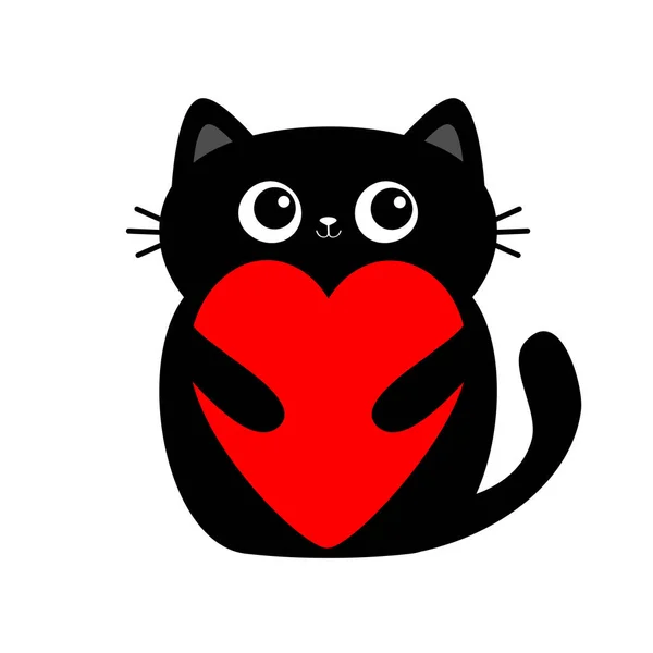 Chat Noir Chaton Chaton Tenant Grand Coeur Rouge Mignon Dessin — Image vectorielle