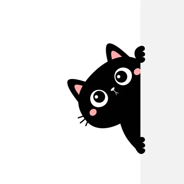 大きな空の看板を持つ黒猫 紙の壁の後ろに隠れてかわいい漫画かわいい面白い子猫子猫 フラットデザイン タイポグラフィプリントテンプレート 白地だ 隔離されてる ベクターイラスト — ストックベクタ