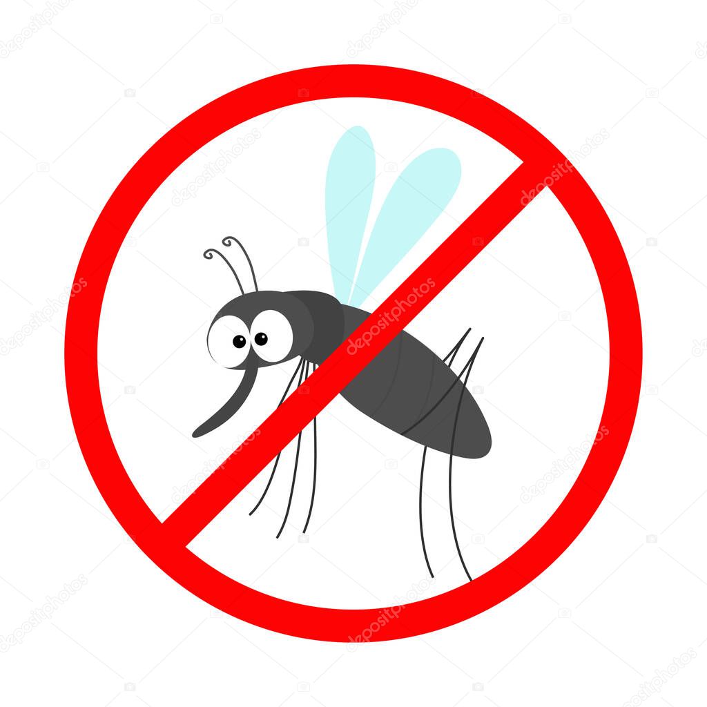 Prohibition prohibit Red stop sign icon. Cross line. Mosquito. Kawaii cute cartoon funny baby character. Insect collection. White background. Isolated. Flat design. Vector illustration