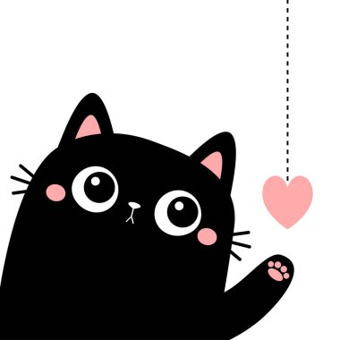 Çizgi çizgisinde pembe kalbi tutan siyah kedi yavrusu. Şirin çizgi film kawaii komik hayvan bebek karakteri. Düz dizayn. Sevgililer Günün kutlu olsun. Aşk kartı. Beyaz arka plan. İzole edilmiş. Vektör