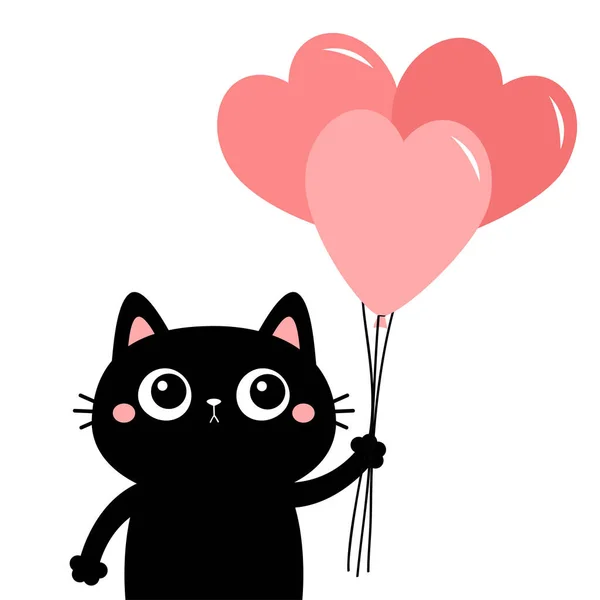 Siyah Kedi Kedicik Pembe Kalp Şeklinde Bir Balon Buketi Tutuyor — Stok Vektör