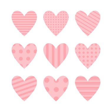 Pembe kalp ikonu hazır. Şirin benekli, çizgi desenli. Sevgililer Günü işaretin kutlu olsun. Basit bir şablon. Tebrik kartına bayılırım. Dekorasyon elemanı. Kare kompozisyon. Beyaz arka plan. Düz dizayn. Vektör