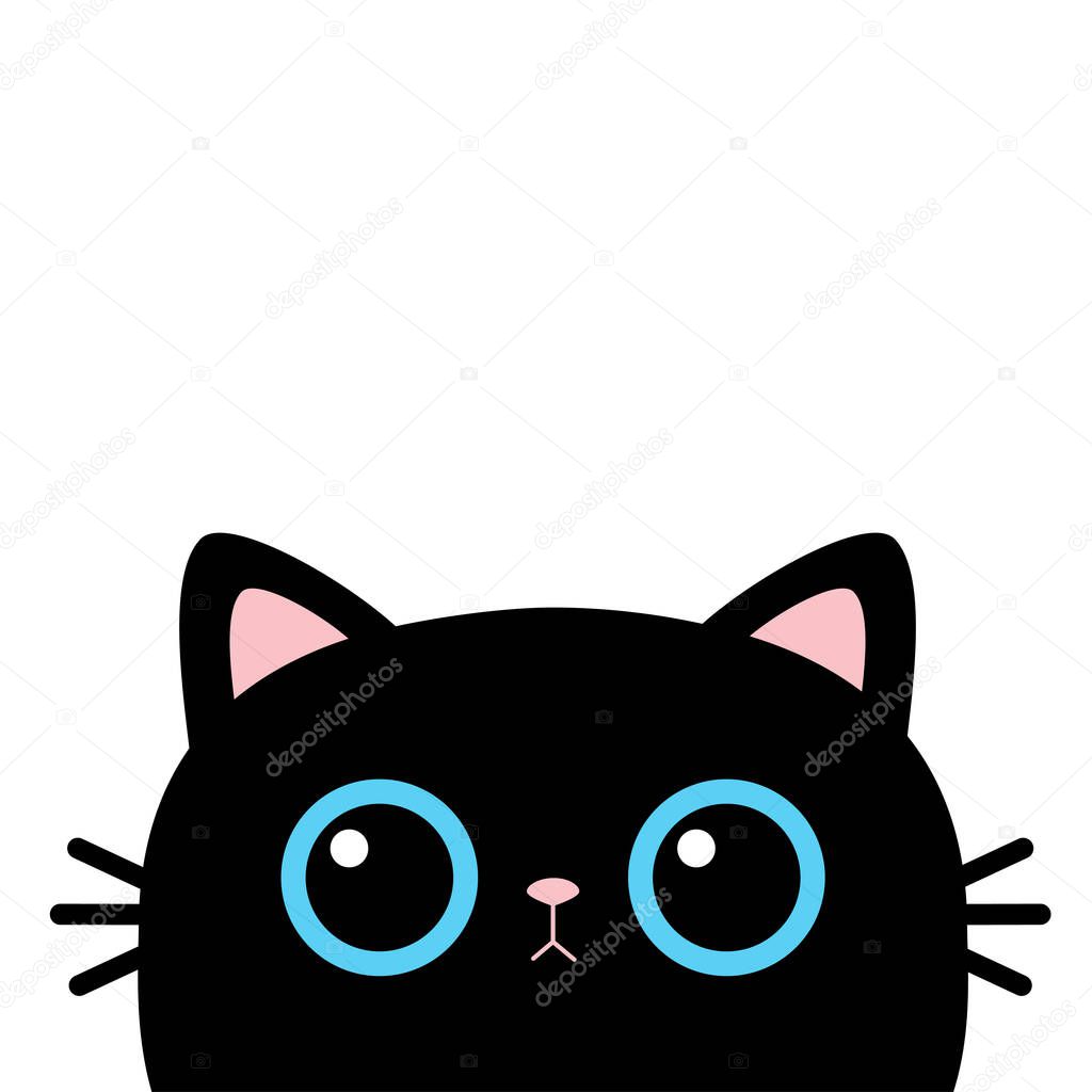Black cat head face silhouette. Funny Kawaii animal. Blue eyes. Pink ears. Baby card. Cute cartoon funny character. Pet collection. Flat design. White background. Isolated. Vector illustration