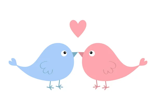 Deux Couples Oiseaux Joli Coeur Couleur Rose Bleue Carte Voeux — Image vectorielle