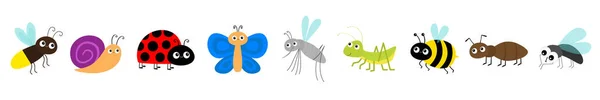 萤火虫 蜜蜂大黄蜂 瓢虫瓢虫 可爱的卡通卡瓦飞昆虫图标线设置 平面设计 白色背景 — 图库矢量图片