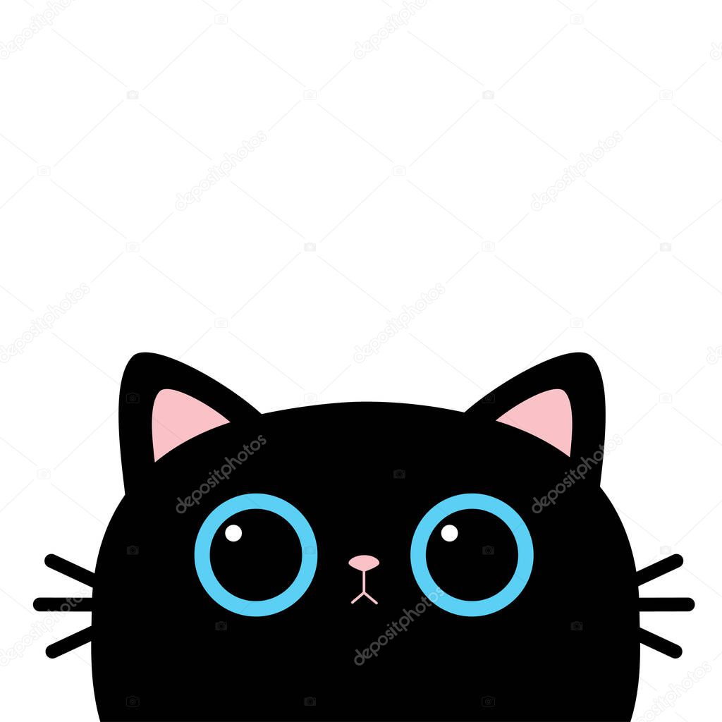 Black cat head face silhouette. Cute cartoon funny character. Blue eyes. Pink ears. Funny Kawaii animal. Baby card. Pet collection. Flat design. White background. Isolated. Vector illustration