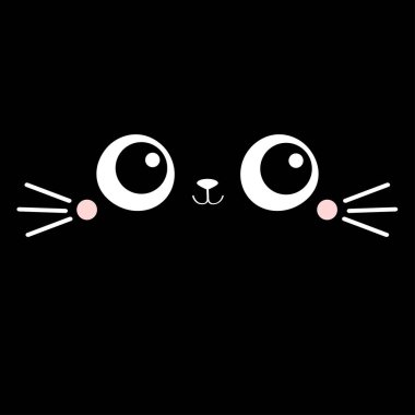 Şirin kedi kedi yavrusu, kare kare suratlı kafa ikonu. Çizgi film komik bebek karakteri. Kawaii hayvanı. Poster için çocuk baskısı, tişört bezi. Aşk kartı. İskandinav tarzı. Düz dizayn. Siyah arka plan. Vektör