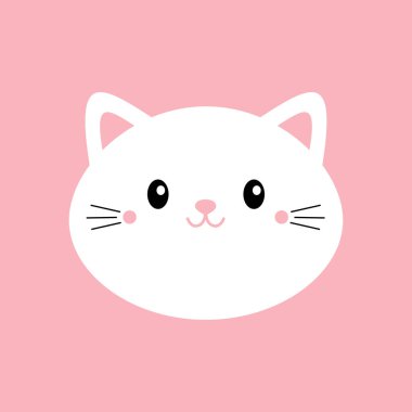 Beyaz kedi yavrusu kedi yuvarlak ikonu. Kawaii sevimli çizgi film karakteri. Komik gülen surat. Bebek tebrik kartı tişörtü defter kapağı şablonu. Sevgililer Günün kutlu olsun. Düz dizayn. Pembe arka plan. Vektör