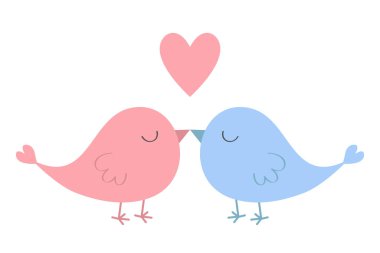 Kuş çifti hazır. Sevimli kalp. Pembe ve mavi renk. Tebrik kartı. Sevgililer Günün kutlu olsun. Çıkartma izi. Çizgi film kawaii komik bebek karakteri. Düz dizayn. Beyaz arka plan. İzole edilmiş. Vektör