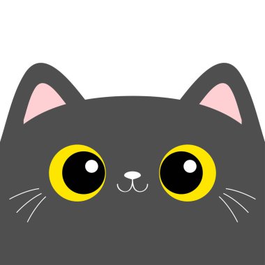 Gri kedicik kare kafalı surat. Kawaii yavru hayvan. Sevimli çizgi film karakteri. Pembe kulaklar, burun. Sarı gözler. Defter kapağı, tişört, tebrik kartı baskısı. Düz dizayn. Beyaz arka plan. Vektör