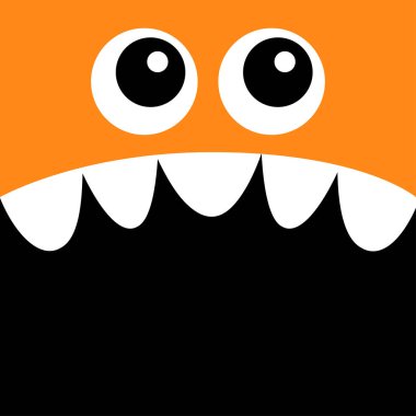 Canavar kafası. Boo Spooky Çığlık atan yüz hissi. İki göz, diş dişi, fare. Kare kafa. Sevimli çizgi film karakteri. Mutlu Cadılar Bayramı kartları. Düz dizayn. Turuncu renk. Siyah arkaplan şablonu. Vektör
