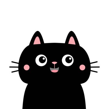 Kara kedi kedisi kedi silueti simgesi. Şirin kawaii çizgi film karakteri. Gülen surat. Pembe yanaklar. Sevgililer Günün kutlu olsun. Bebek tebrik kartı tişörtü kapak baskısı Beyaz arka plan Düz Tasarım Vektörü