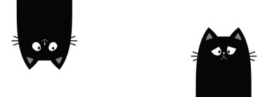 Kedi çizgisi afişi. Üzgün, mutlu, siyah kedi suratlı. Baş aşağı asılı duruyor. Komik sevimli kawaii çizgi film karakteri. Not defteri çıkartma şablonu. Mutlu Cadılar Bayramı. Düz Tasarım Beyaz Arkaplan Vektörü