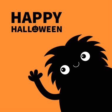 Köşede el sallayan canavar silueti. Siyah komik çizgi film kawaii komik bebek karakteri. Cadılar Bayramı balkabağı mesajın kutlu olsun. Düz dizayn. Turuncu arka plan. Vektör illüstrasyonu